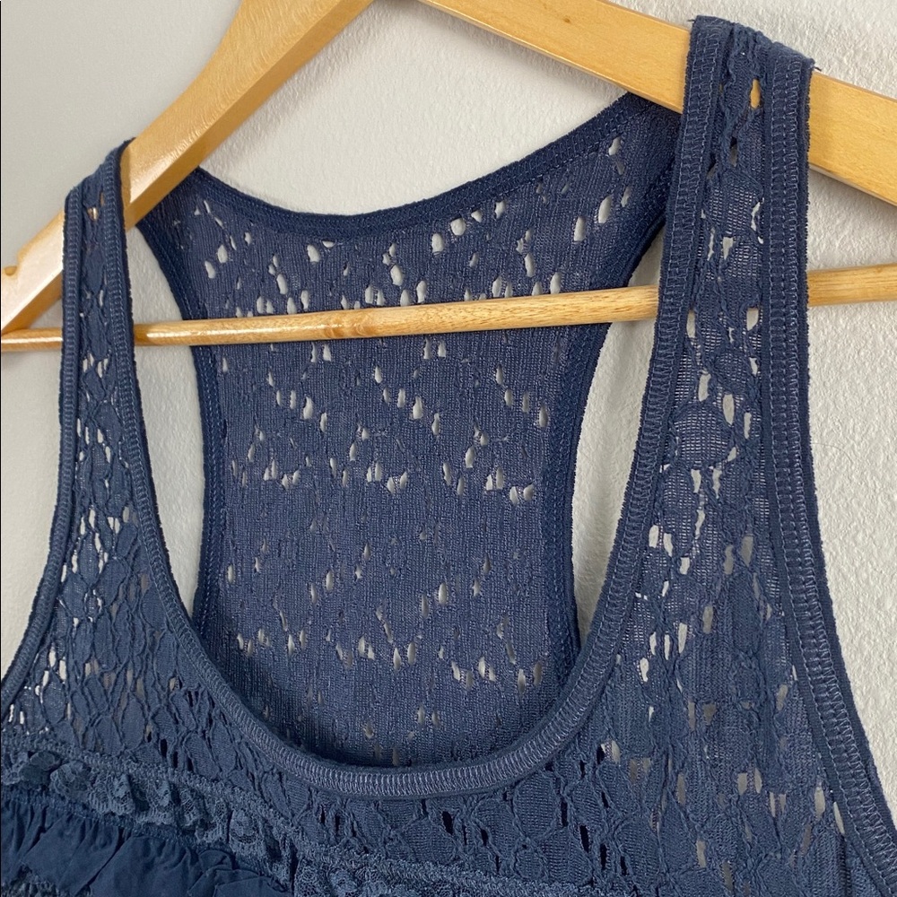 Abercrombie & Fitch Floral Lace Ruffle Layer Tank Top | Semi Sheer, Lined | Navy - Picture 9 of 16
